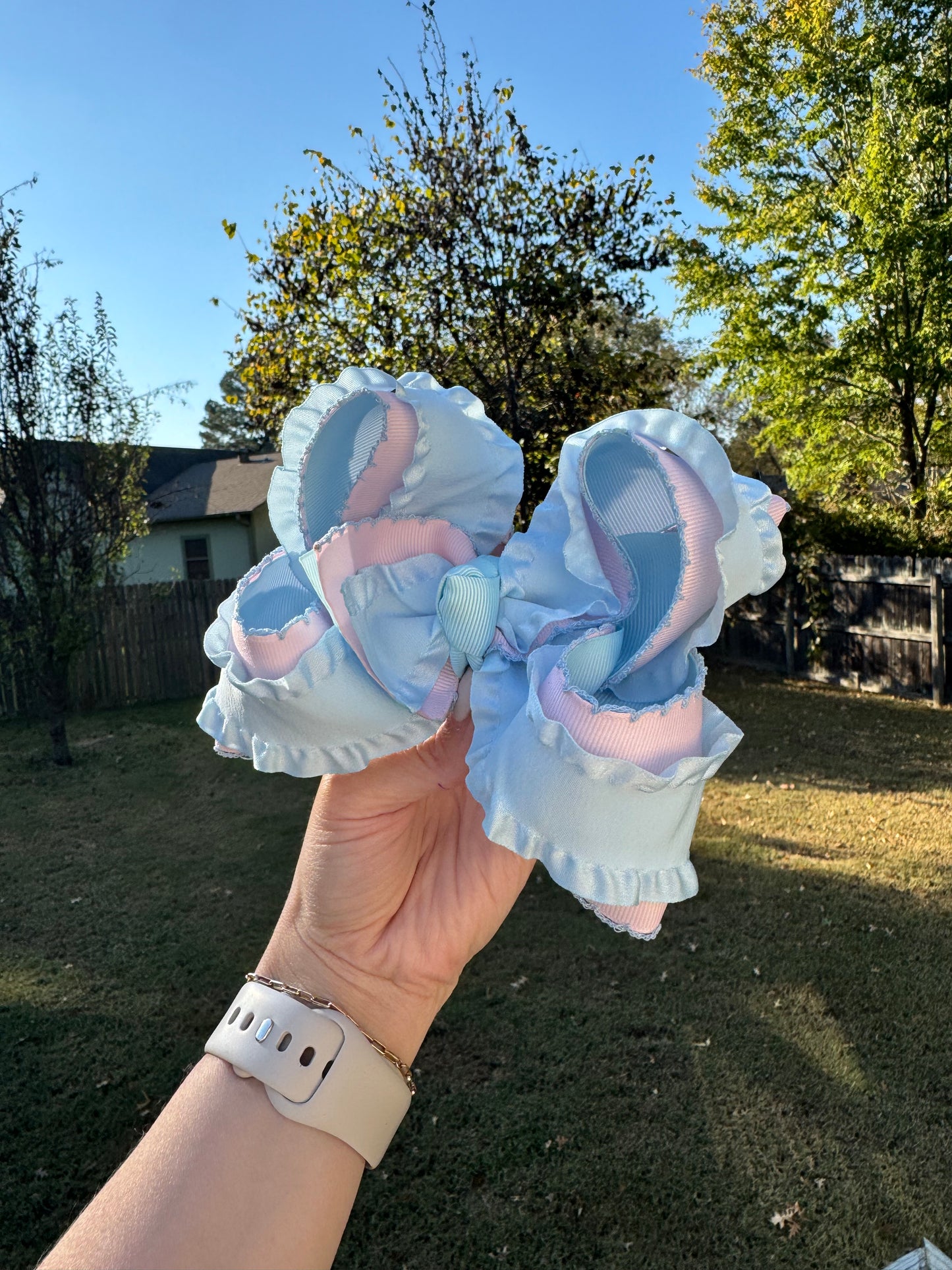 Pink and Blue Double Ruffle with Moonstitch